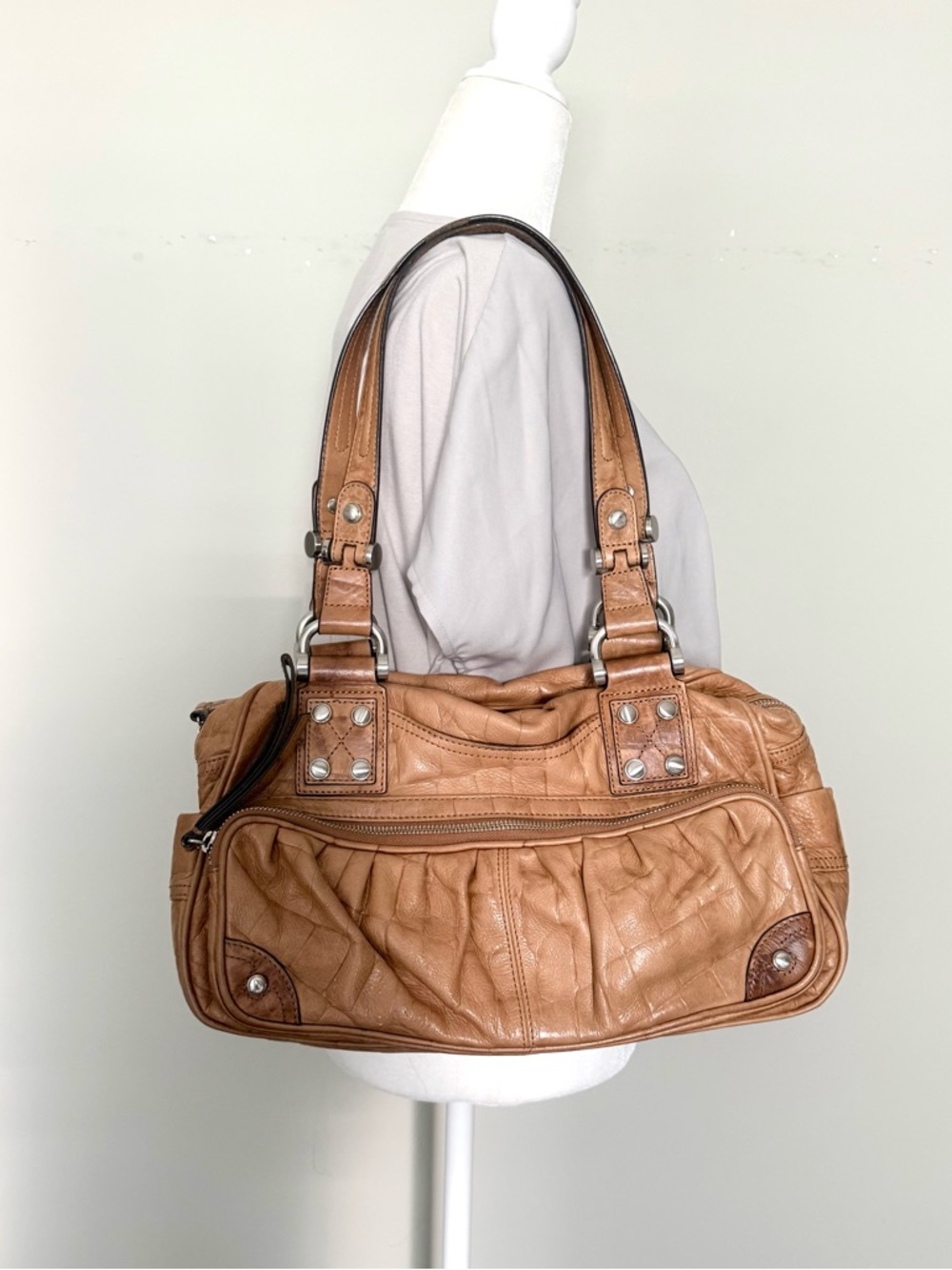B. Makowski Y2K 2000s Vintage Textured Leather Satchel Handbag Tan Women Bags